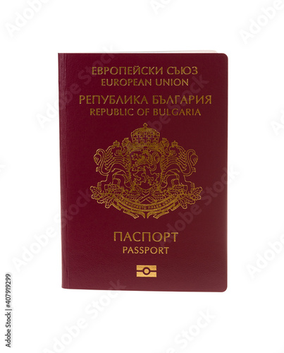 Bulgarian passport isolated on white background. Republic of Bulgaria, European Union passport