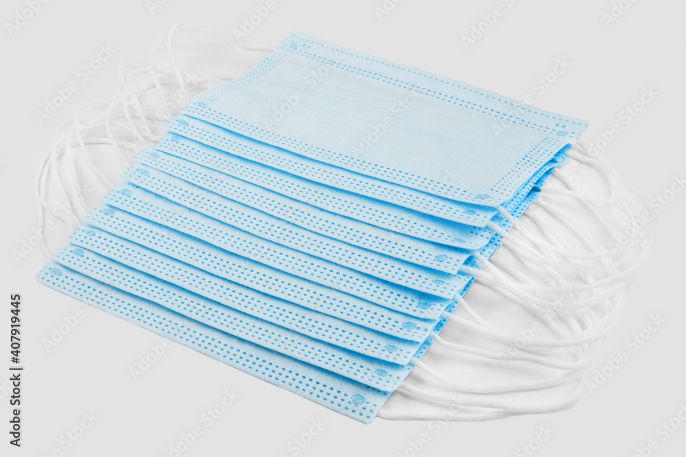 Zehn blaue Medizinische Masken close up Zehn blaue Medizinische Masken close up