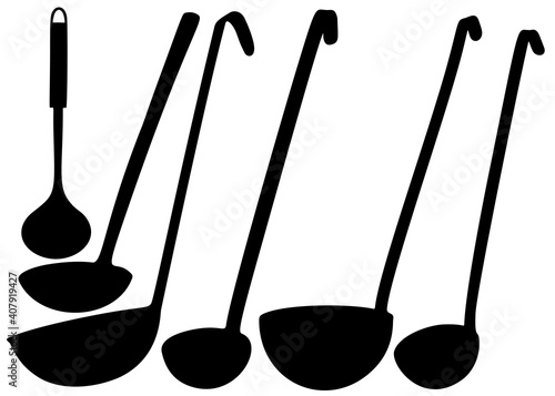 Kitchen ladles with a long handle in a set.