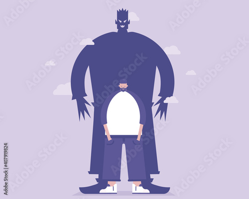 The man is afraid. Inner fear is like a demon. Psychology concept. Vector illustration  for telework, remote working and freelancing concept, business, start up
