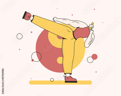A man practises oriental martial arts. Kungfu, wushu and karate. Vector illustration for sport and activity contents, blog, vlog, telework, remote working and freelancing, business, start up and socia