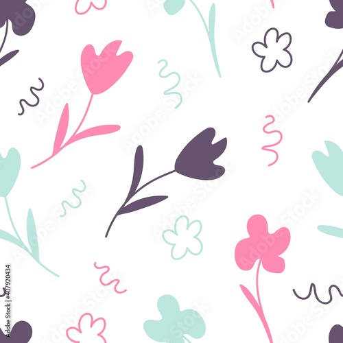 Simple calm gentle vector seamless pattern in pastel colors. Doodle pink, blue, purple flowers on a white background. For fabrics, textile products, stationery.