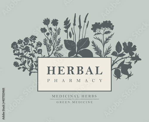 Vector banner or label with inscription Herbal pharmacy. Hand-drawn illustration with silhouettes of medicinal herbs on a grey background. Decorative frame with herbal flowers in retro style photo