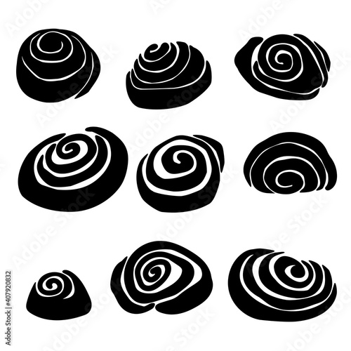 Set of silhouettes of cinnamon buns, cinnamon roll of various types, logo for a sweets store or bakery