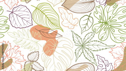 Floral seamless pattern with leaves with abstract organic shape blots over white background
