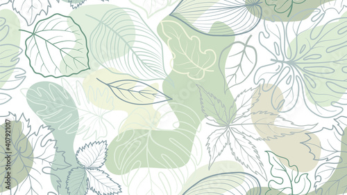 Floral seamless pattern with leaves with abstract organic shape blots over white background