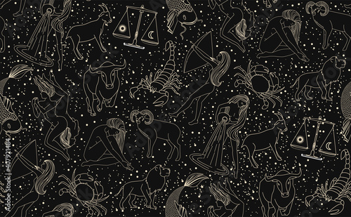 Seamless pattern - signs of the zodiac. Gold illustration of astrological signs on a dark background. Magical illustrations of women and animals in the blooming sky. photo