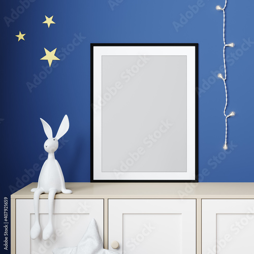 Mockup frame in minimal unisex child bedroom with modern furniture, 3d render