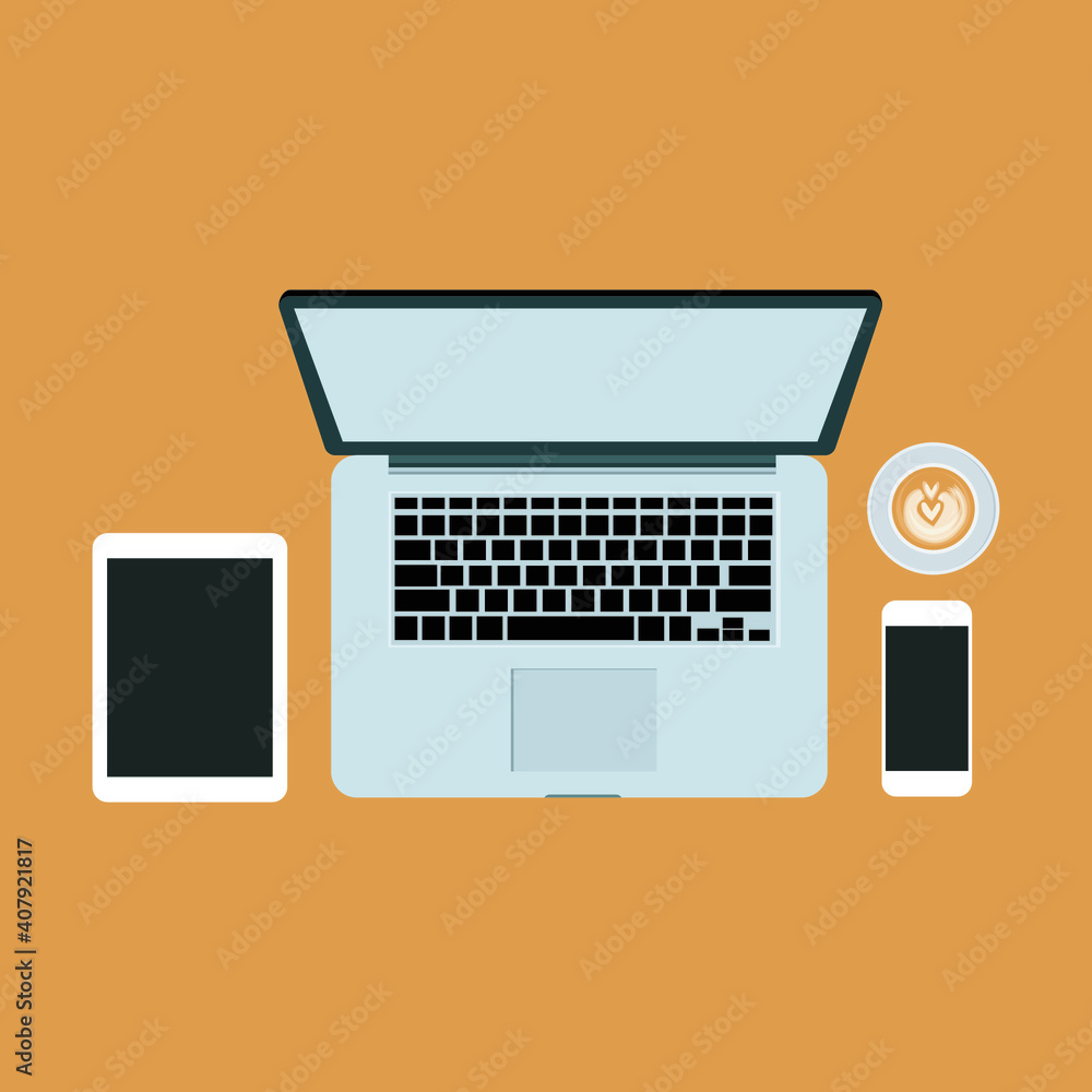 Stock Photo Top View Laptop Computer with Cup of Coffee and Smartphone on Office Desk Table Business Template Flat Design Stock Photo Top View Laptop Computer with Cup of Coffee and Smartphone on Office Desk Table Business Template Flat Design