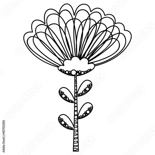Black and white childish cute single stylized flower chamomile or chrysanthemum in Scandinavian style. Isolated outline cartoon floristic doodle. For coloring book, logotype, nursery decor. Vector.