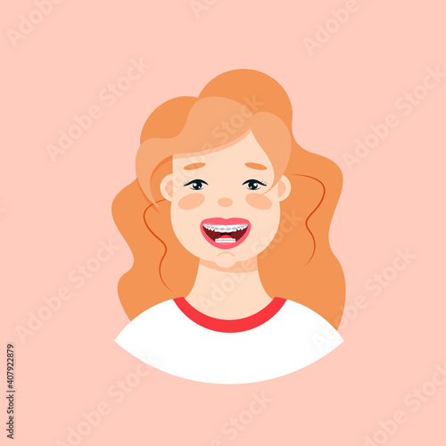  Vector cartoon illustration of Close-up of a smiling young cute girls face with braces on his teeth. 