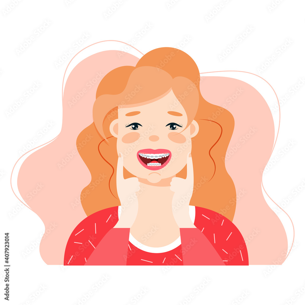 Vector cartoon illustration of Close-up of a smiling young cute girls face with braces on his teeth.
Vector cartoon illustration of Close-up of a smiling young cute girls face with braces on his teeth.