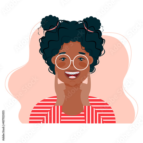 
Vector cartoon illustration of Close-up of a smiling young cute girls face with braces on his teeth. 

