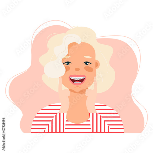  Vector cartoon illustration of Close-up of a smiling young cute girls face with braces on his teeth.  