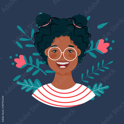 
Vector cartoon illustration of Close-up of a smiling young cute girls face with braces on his teeth. 

