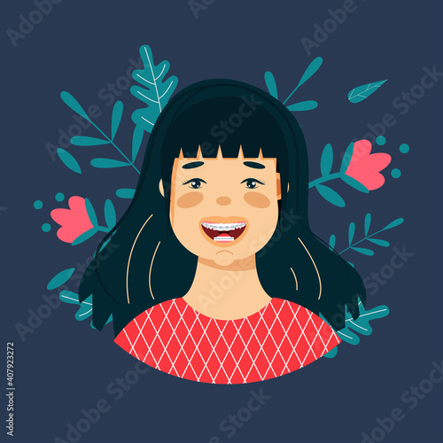 
Vector cartoon illustration of Close-up of a smiling young cute girls face with braces on his teeth. 
