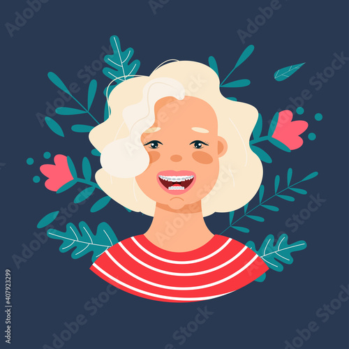 
Vector cartoon illustration of Close-up of a smiling young cute girls face with braces on his teeth. 
