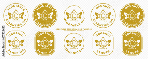 Conceptual stamps for product packaging. Marking - essential oil. Butter potassium with natural leaf-wings is a symbol of the natural flight of ingredients in the composition. Vector