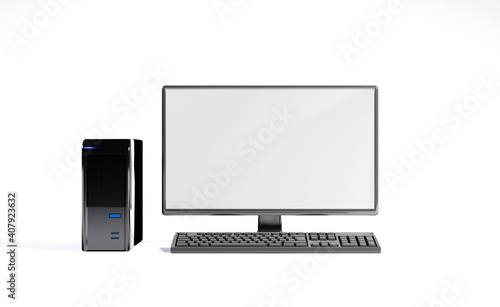 Desktop computer with empty screen as template on white background. Digital render.