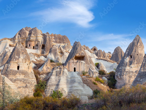 Unique geological formations with dovecotes in Cappadocia, Turkey. Goreme National Park.