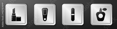 Set Lipstick, Hand mirror, Nail file and Perfume icon. Silver square button. Vector.