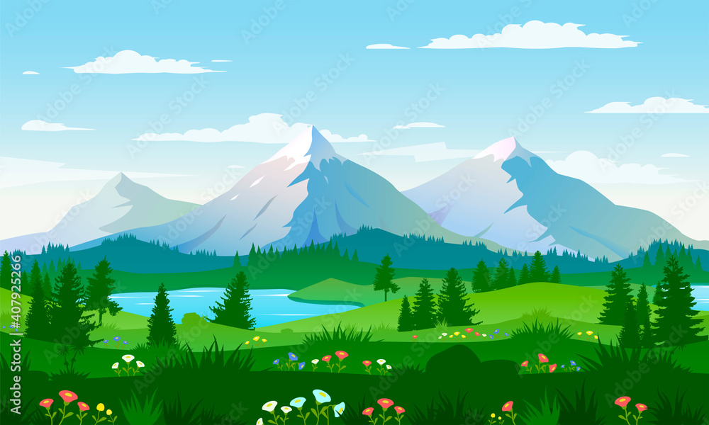 Fototapeta premium Panoramic views of large mountains, beautiful meadows with flowers. Flat cartoon landscape with nature. Vector illustration.