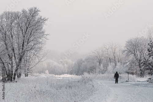 bundled up person walking down a snow covered bike path through a frozen meadow