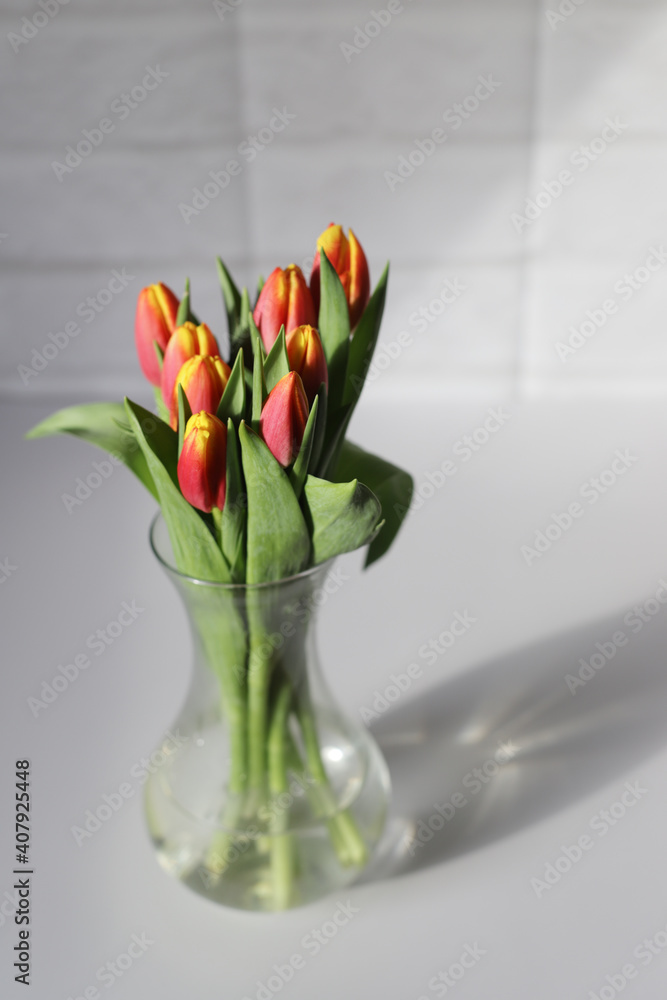 Glass vase with fresh colourful tulips on white table Glass vase with fresh colourful tulips on white table