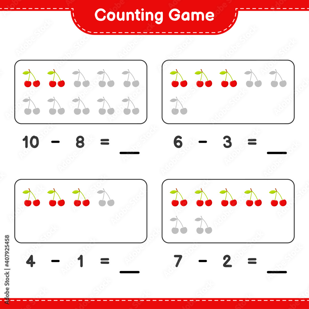 Counting game, count the number of Cherry and write the result. Educational children game, printable worksheet, vector illustration Counting game, count the number of Cherry and write the result. Educational children game, printable worksheet, vector illustration
