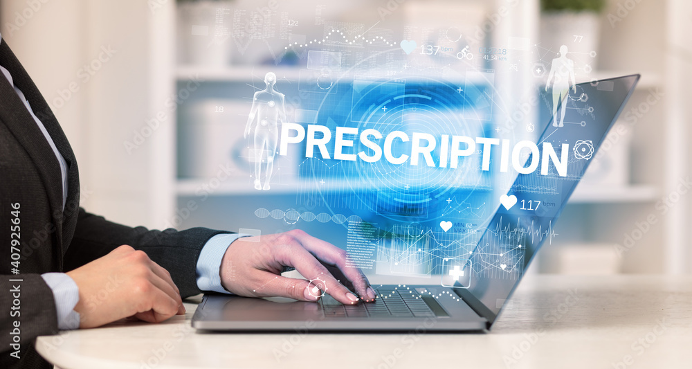 Doctor working a health check with PRESCRIPTION inscription, recording medical test results Doctor working a health check with PRESCRIPTION inscription, recording medical test results