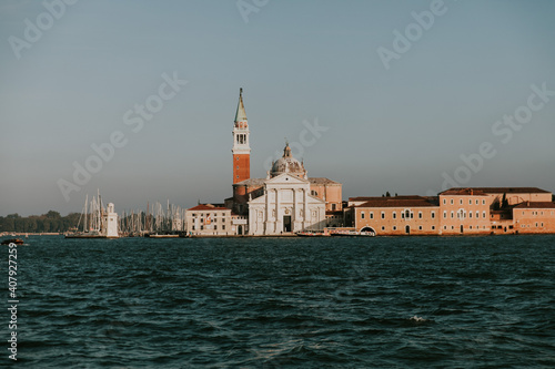 Panoramic view of the San Giorgio Maggiore island, the church and monastery at San Giorgio Maggiore in the lagoon in Venice, Italy.