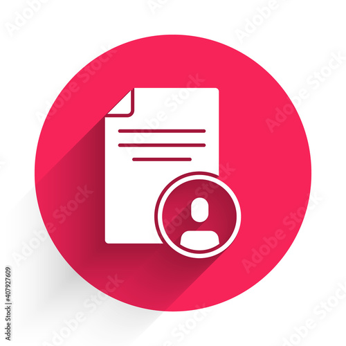 White Resume icon isolated with long shadow. CV application. Searching professional staff. Analyzing personnel resume. Red circle button. Vector.