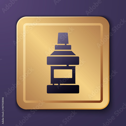 Purple Mouthwash plastic bottle icon isolated on purple background. Liquid for rinsing mouth. Oralcare equipment. Gold square button. Vector.