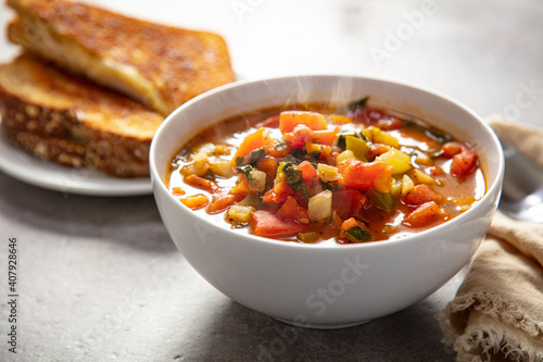 Fotografie Bow of Vegetable Soup with a Grilled Turkey and Cheese Sandwich