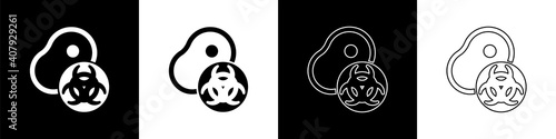 Set Genetically modified meat icon isolated on black and white background. Syringe being injected to meat. Vector.