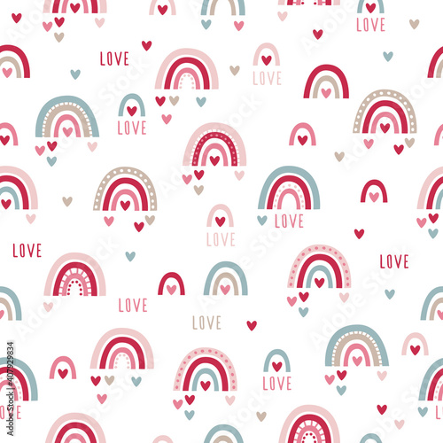 Seamless pattern with hand drawn rainbows and hearts. Background for Valentine's Day, wedding, gift wrap, textile, fabric manufacturing, wallpaper, covers, surface, print, scrapbooking. Vector.