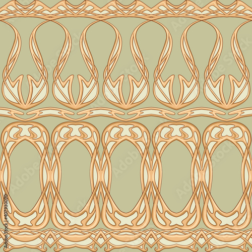 Seamless pattern, border. Wood carving imitation in art nouveau style, vintage, old, retro style. Colored vector illustration in soft green and beige colors.