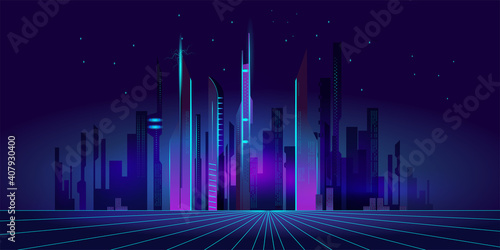 Fantastic city in the style of cyberpunk. Vector illustration in retro style in neon colors. Night city of the future. Template a horizontal banner.