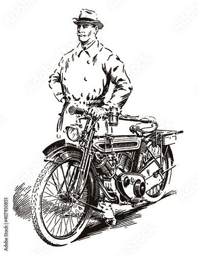 Elderly man from the early 20th century standing next to his classic motorcycle