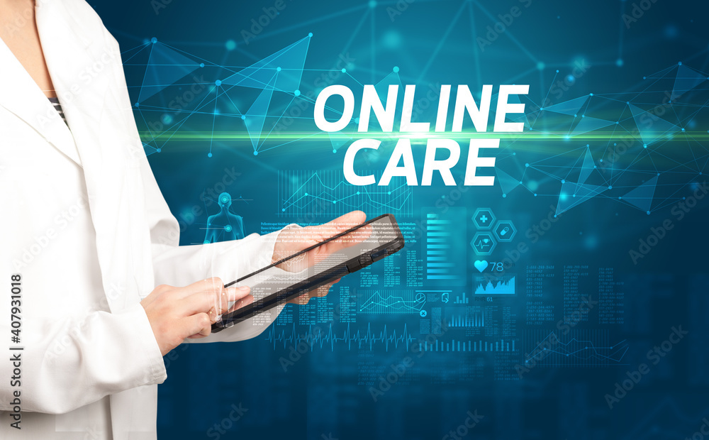 doctor writes notes on the clipboard with ONLINE CARE inscription, medical diagnosis concept doctor writes notes on the clipboard with ONLINE CARE inscription, medical diagnosis concept