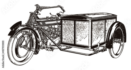 Classic motorcycle with sidecar in three-quarter view, after an illustration from the early 20th century