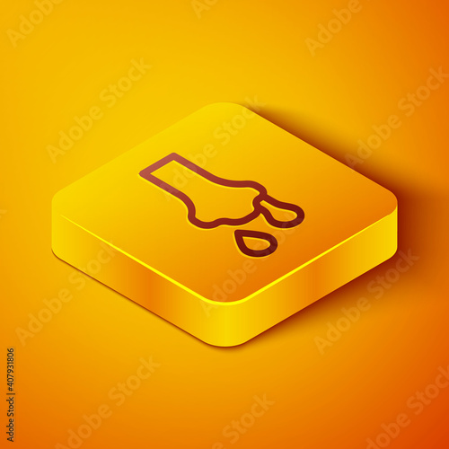 Isometric line Runny nose icon isolated on orange background. Rhinitis symptoms, treatment. Nose and sneezing. Nasal diseases. Yellow square button. Vector.