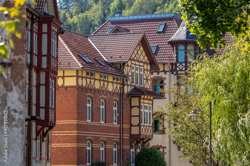 Facades of historic half-timbered houses in Meiningen, Thuringia