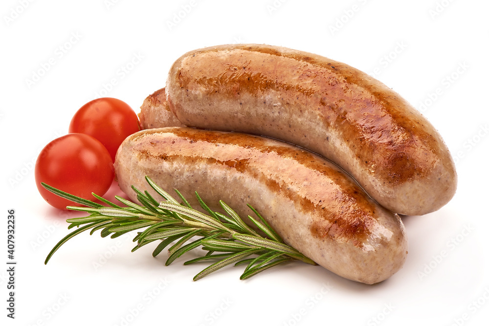 Grilled Munich Sausages, close-up, isolated on white background Grilled Munich Sausages, close-up, isolated on white background