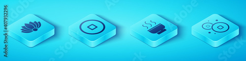 Set Isometric Lotus flower, Chinese Yuan currency, Chinese Yuan currency and Chinese tea ceremony icon. Vector.