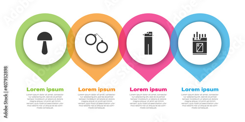 Set Psilocybin mushroom, Handcuffs, Lighter and Open cigarettes pack box. Business infographic template. Vector.