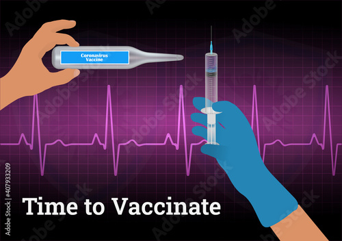 Time to vaccinate. Horizontal web banner with hand holding medical vaccine,syringe on pink background with heart rate graph.Disease prevention Covid - 19. Stock vector illustration on blue and yellow 