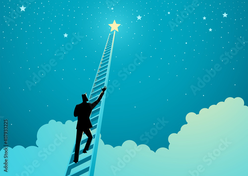 Businessman climbing a ladder to reach out for the stars photo