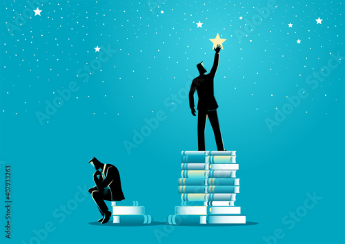 Businessman reach out for the stars by using books as the platform