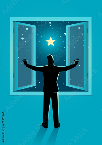 Man opening the window wide to see clear starry night sky